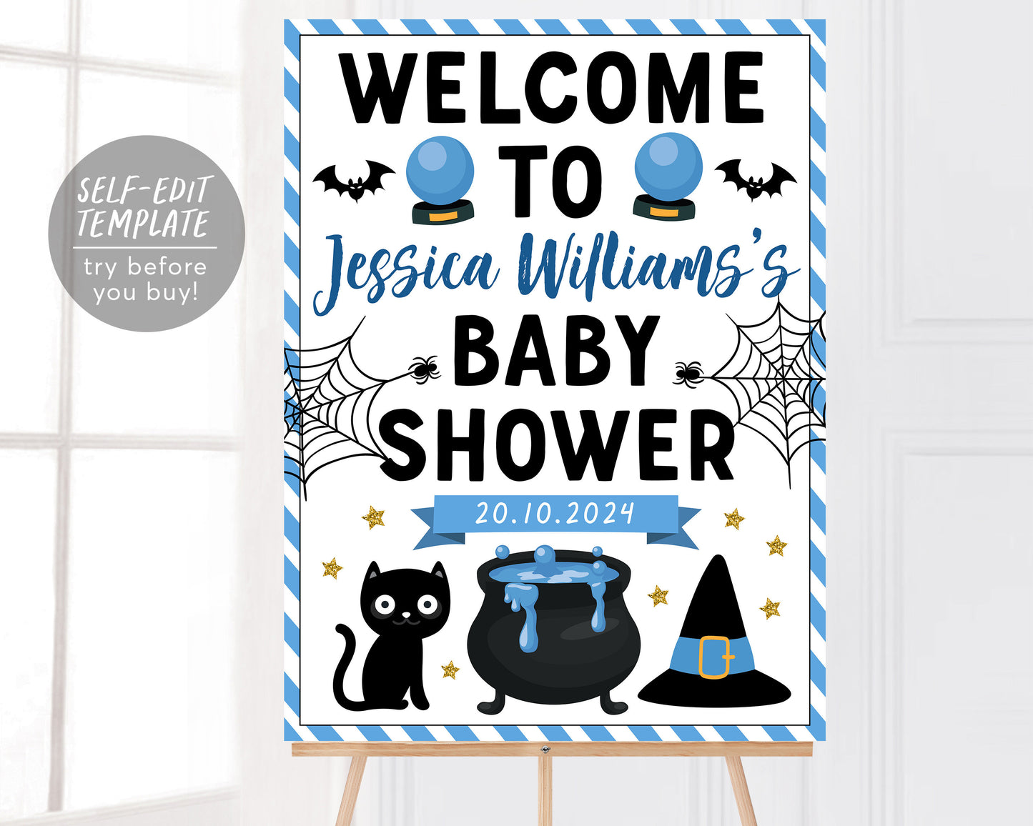 A Baby is Brewing Halloween Baby Shower Welcome Sign Editable Template, Boy Halloween Witch Theme Baby Sprinkle Party Poster Decor Printable