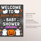 Halloween Baby Shower Welcome Sign Editable Template, A Little Boo is Almost Due, Chalkboard Spooky Theme Baby Sprinkle Party Poster Decor