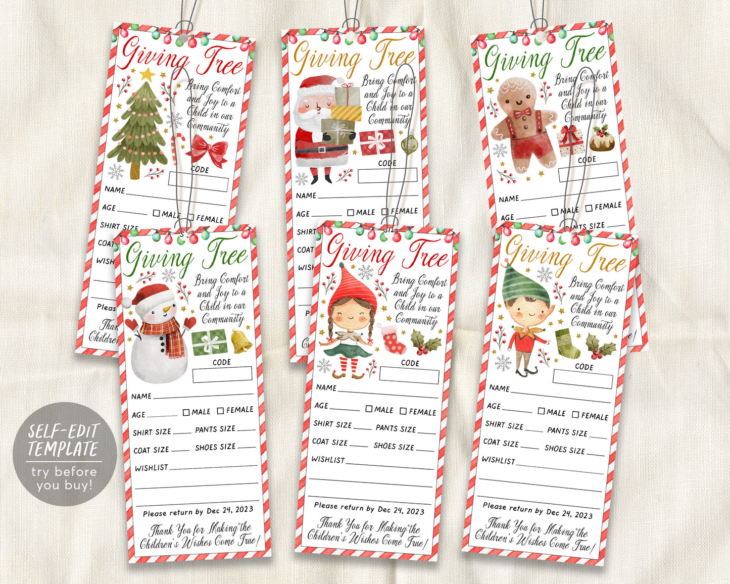 Christmas Giving Tree Gift Tag BUNDLE Editable Template, Donation Slip With Santa Elf Printable, Charity Community Event Church School DIY