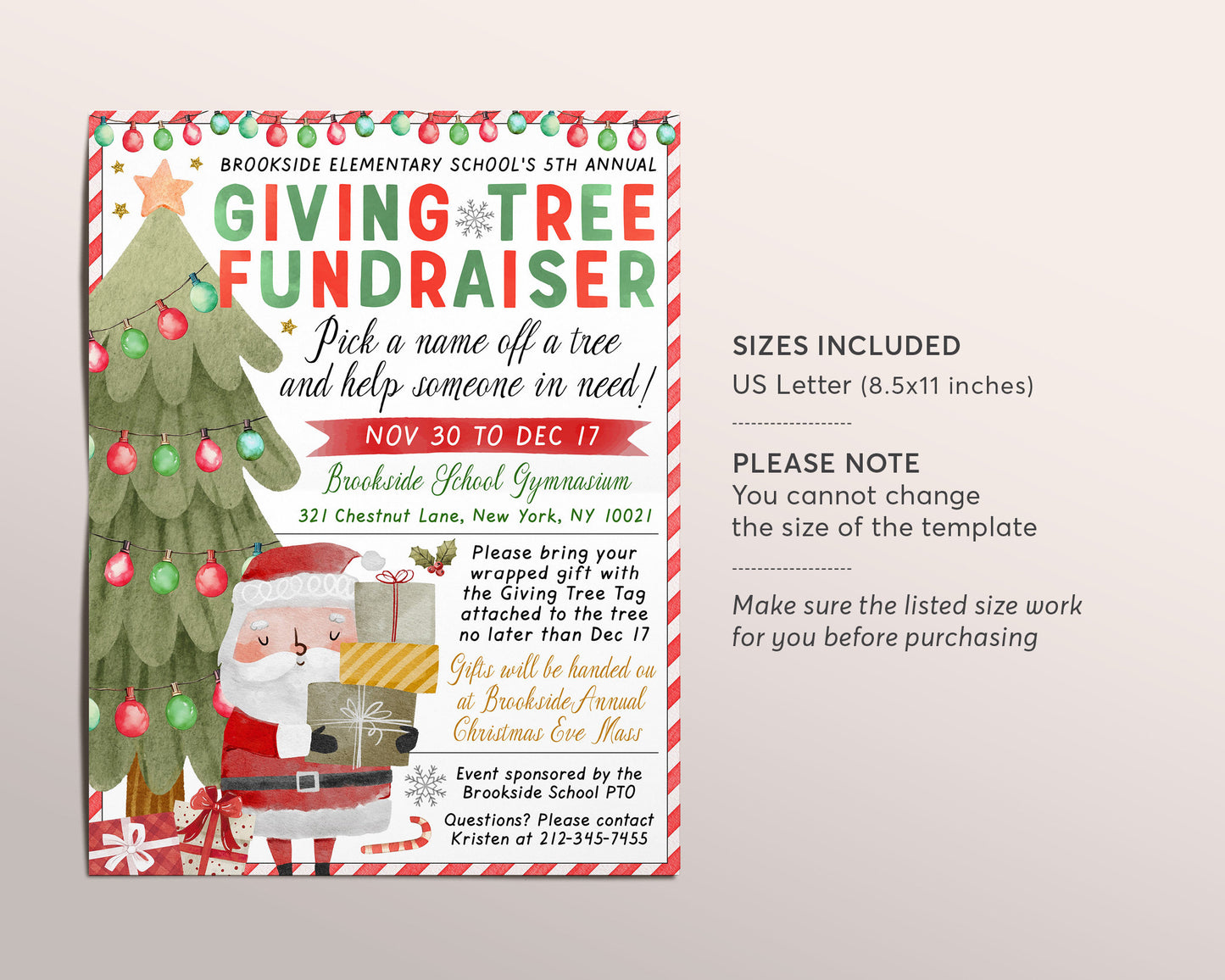 Christmas Giving Tree Fundraiser Flyer Editable Template, Holiday Giving Tree Charity Nonprofit Toy Drive Community Church School PTO PTA