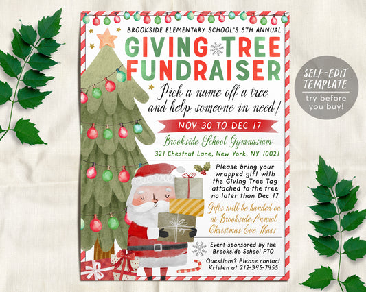 Christmas Giving Tree Fundraiser Flyer Editable Template, Holiday Giving Tree Charity Nonprofit Toy Drive Community Church School PTO PTA