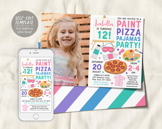 Paint Pizza and Pajamas Party Birthday With Photo Invitation Editable Template