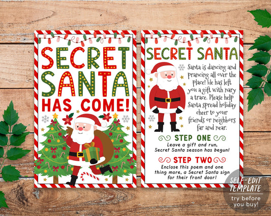 Secret Santa Christmas Game Editable Template, Secret Santa Gift Swap Activity for Neighborhood Neighbors Printable Santa Sign Instructions