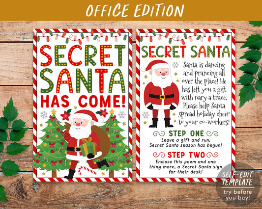 Secret Santa Coworker Office Christmas Game Editable Template, Santa Gift Swap Activity For Company Staff Printable Santa Sign Instructions