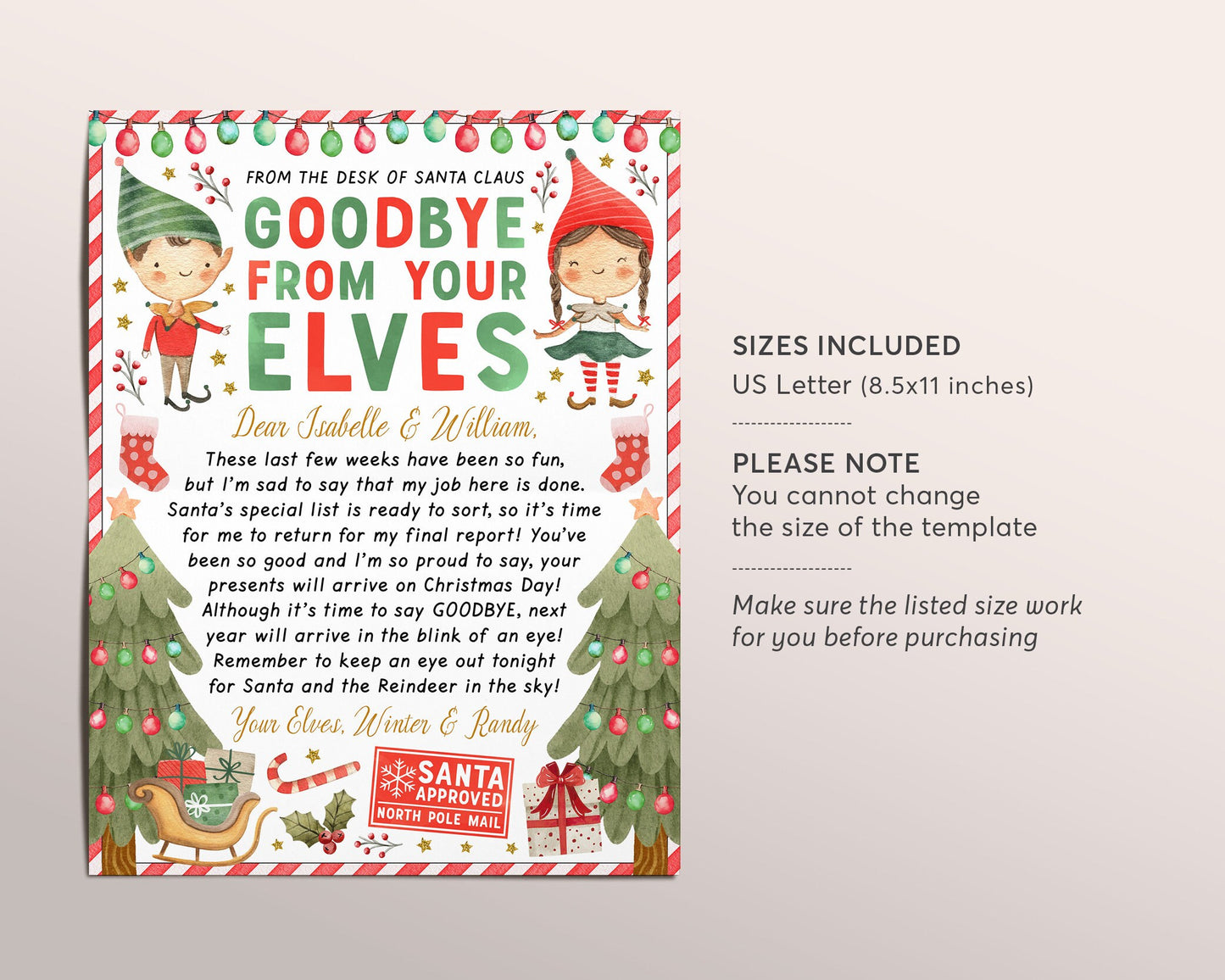 Goodbye Letter from Elves Editable Template, End of Christmas Farewell Elves Note Traditions Holiday Festive Boy And Girl Elf Printable