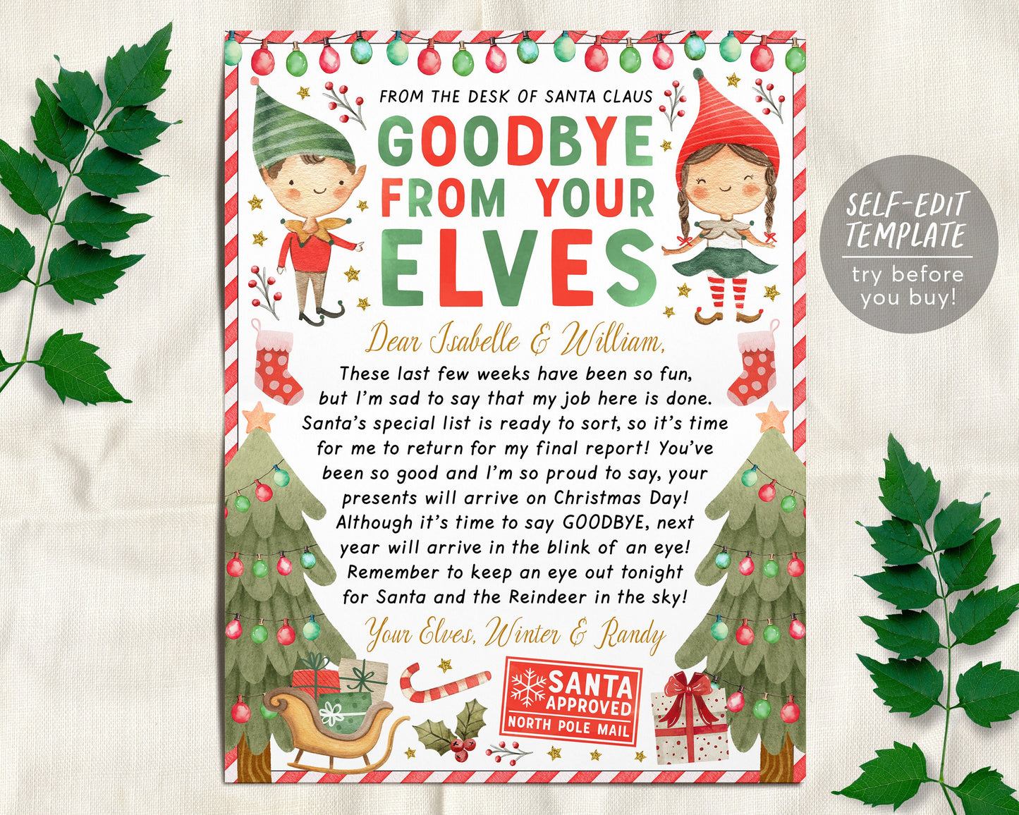 Goodbye Letter from Elves Editable Template, End of Christmas Farewell Elves Note Traditions Holiday Festive Boy And Girl Elf Printable