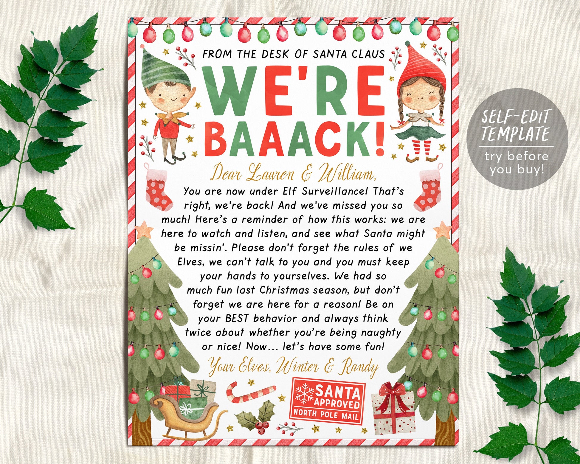 hello letter from elves editable template, christmas we're back elves arrival note, elf visiting letter welcome traditions we are back