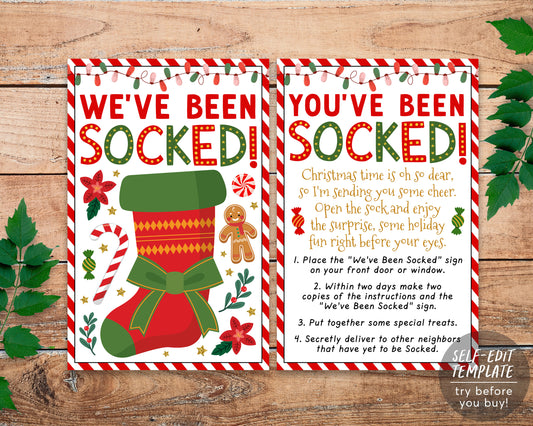 We've Been Socked Christmas Game Editable Template, You've Been Elfed, Xmas Stocking Exchange Sign Instructions, Neighbors Holiday Party