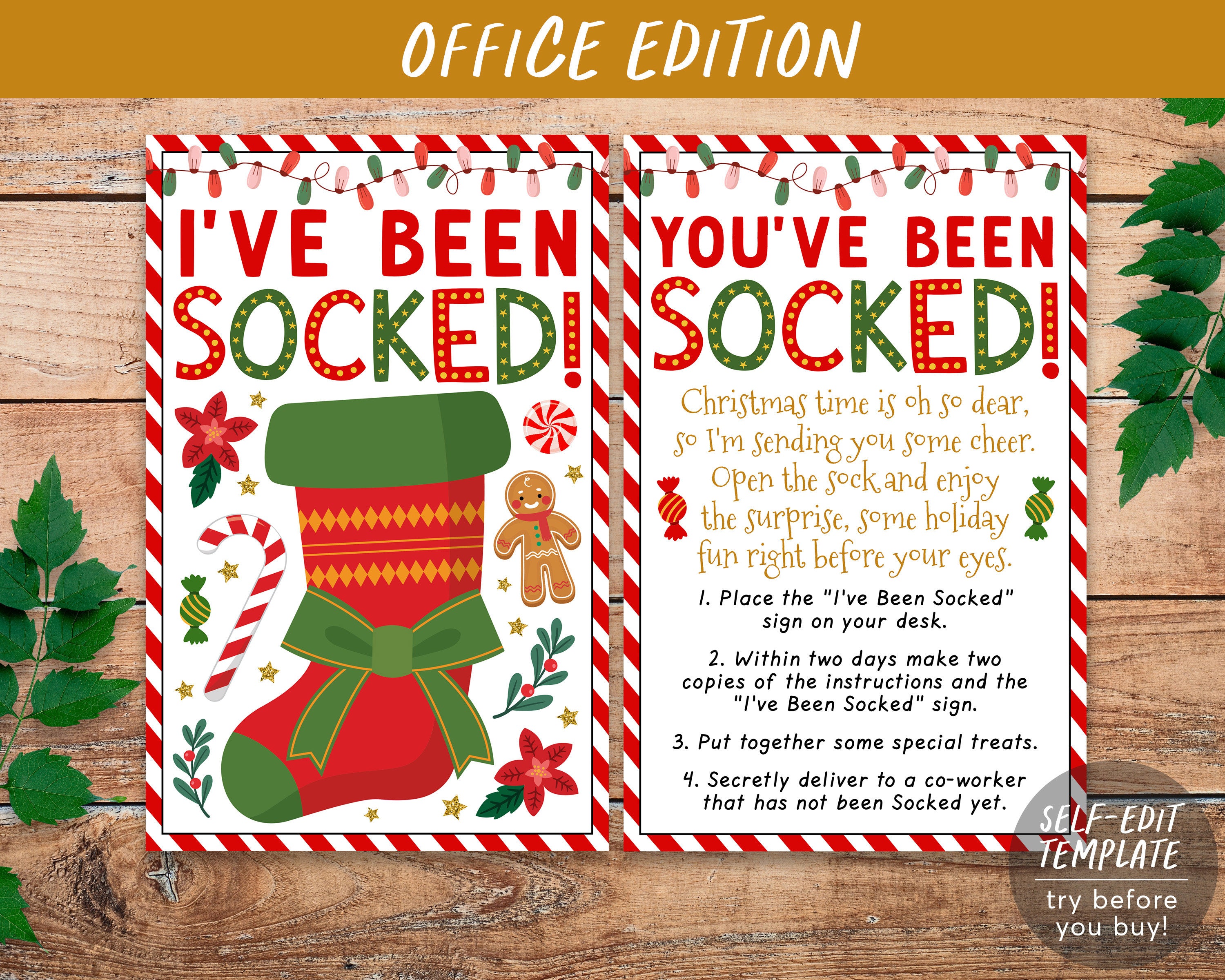 we've been socked christmas office party game editable template, i've been  socked, christmas holiday stocking exchange sign instructions