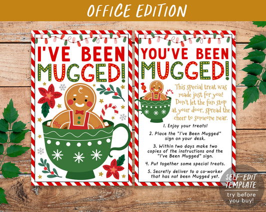 We've Been Mugged Christmas Coworker Office Party Game Editable Template, I've Been Mugged Holiday Winter Sign Instructions Printable DIY