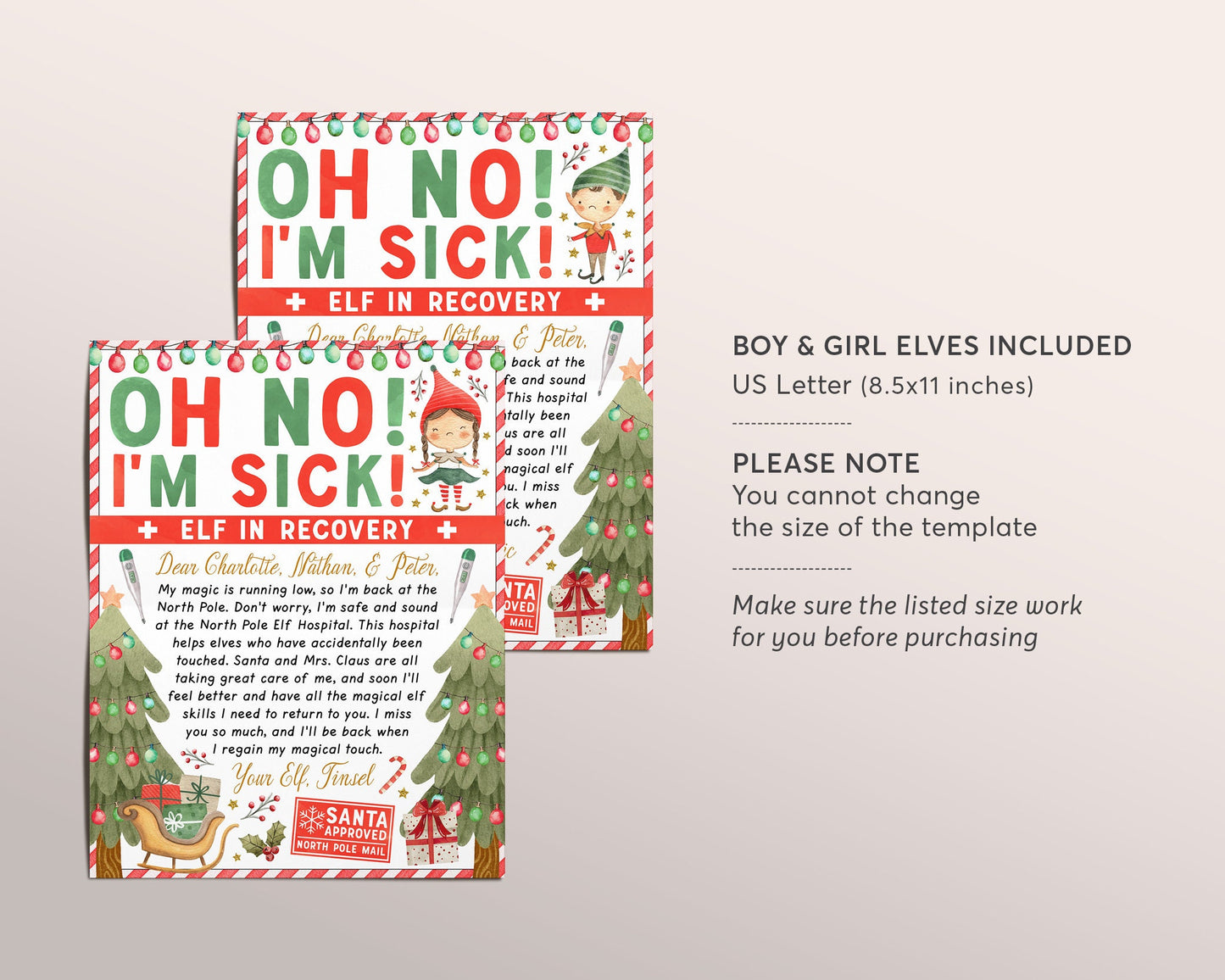 Christmas Elf Recovery Letter Editable Template, Elf Lost Magic Letter, Oh No I'm Sick If Elf Was Touched Letter Printable, Boy Or Girl Elf