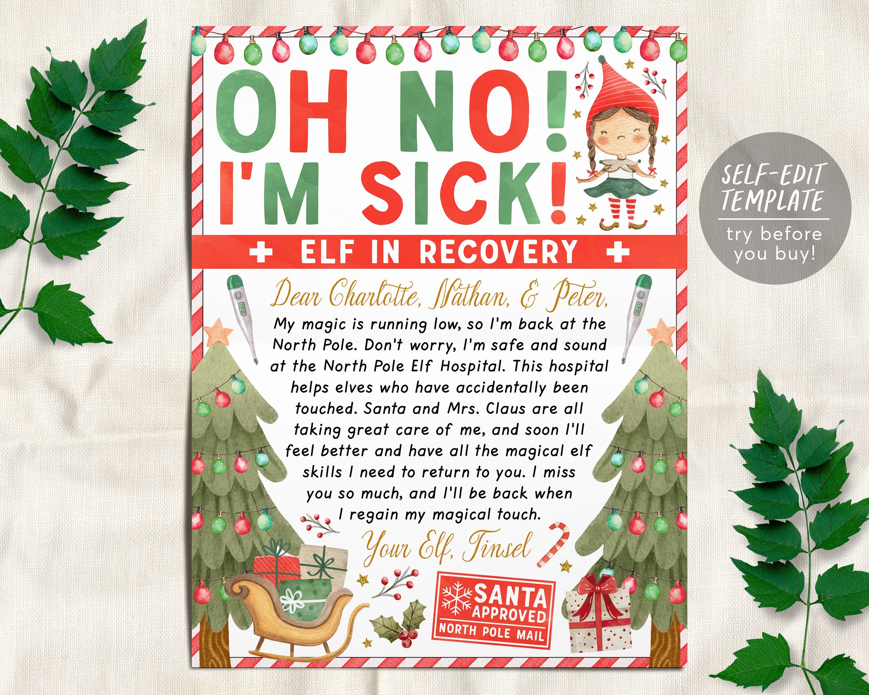 christmas elf recovery letter editable template, elf lost magic letter, oh  no i'm sick if elf was touched letter printable, boy or girl elf