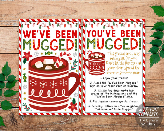 We've Been Mugged Christmas Game Editable Template, You've Been Mugged Holiday Winter Sign Instructions, Gifts For Neighbors Printable DIY