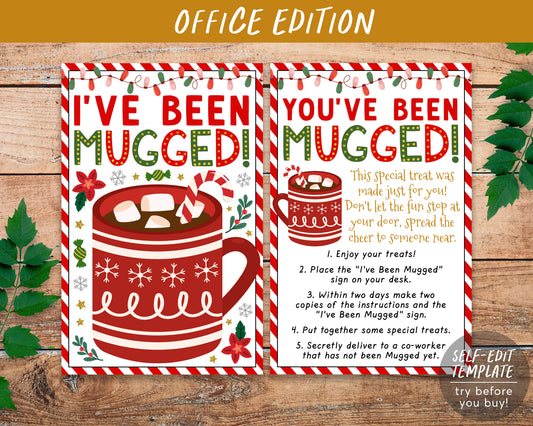 We've Been Mugged Christmas Coworker Office Party Game Editable Template, I've Been Mugged Holiday Winter Sign Instructions Printable DIY