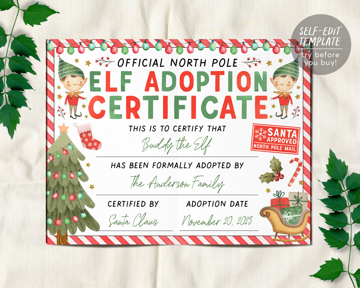 Printable Elf Adoption Certificate Editable, First Year Christmas