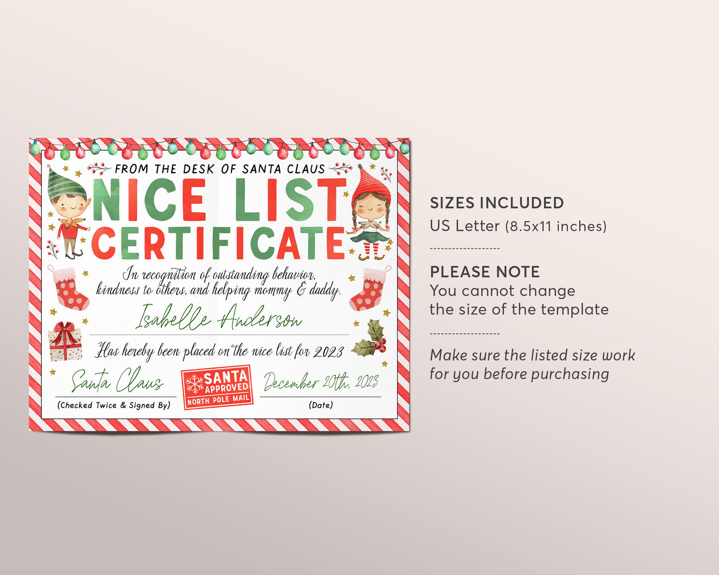 Nice List Certificate Editable Template, Santas Official Nice List Approved Letter, Elf Elves Letter, From Desk Santa Claus Christmas Eve