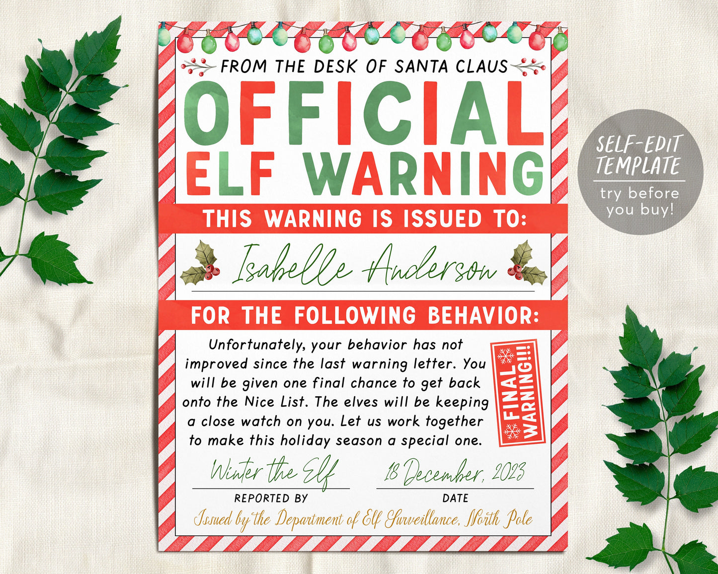 Christmas Elf Games BUNDLE Editable Template, Elves Arrival Welcome Goodbye Letter, Elf Adoption Nice List Certificate Warning Report Card