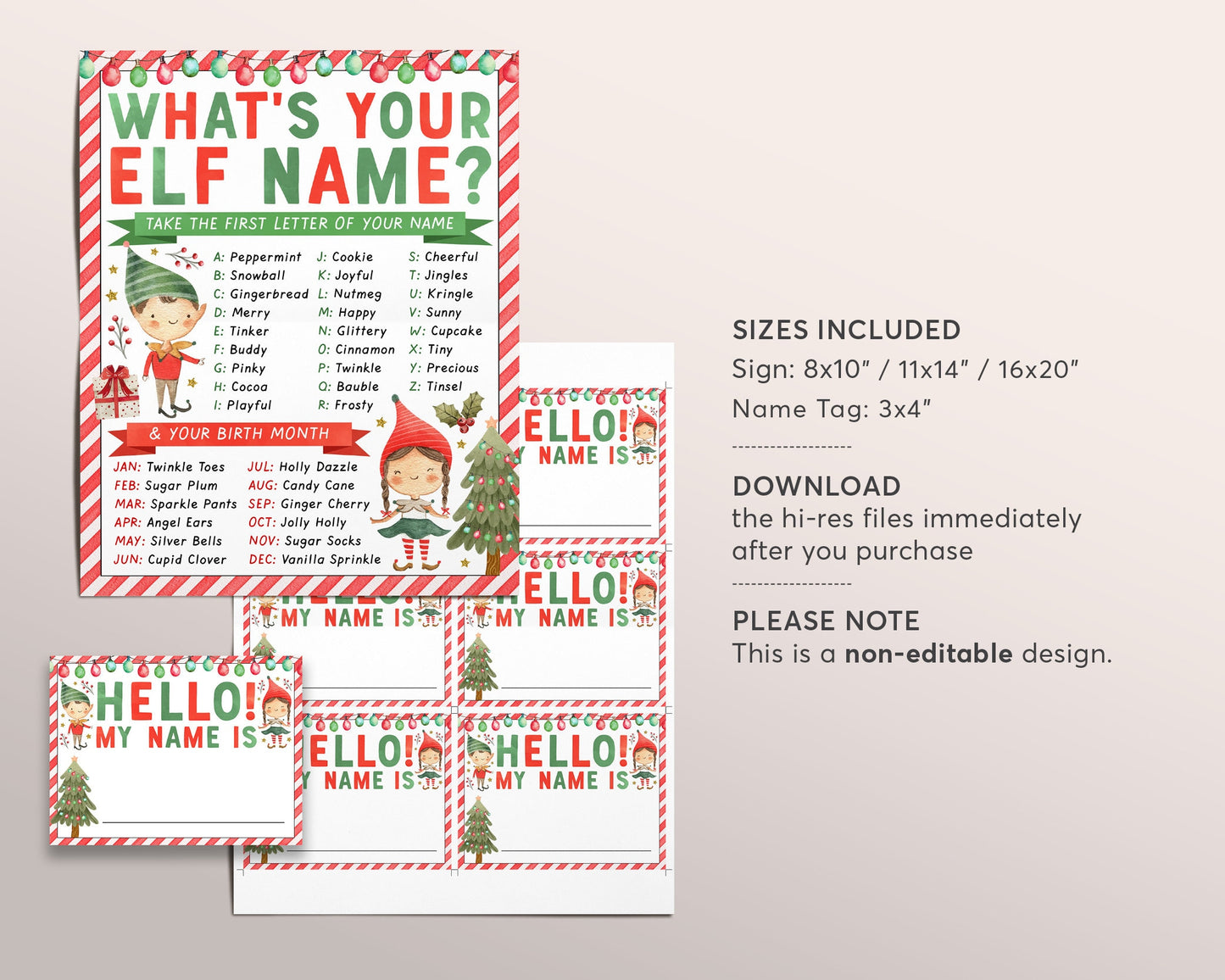 What's your Elf Name Game, Elves Christmas Party Activity Game With Name Tags Sign Printable, Christmas Eve Box Holiday Winter Activity Kids