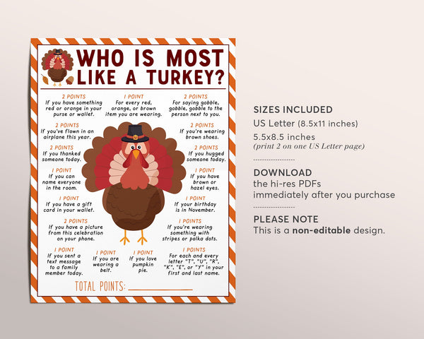 Thanksgiving Game Who Is Most Like The Turkey Printable, Fall Thanksgi ...
