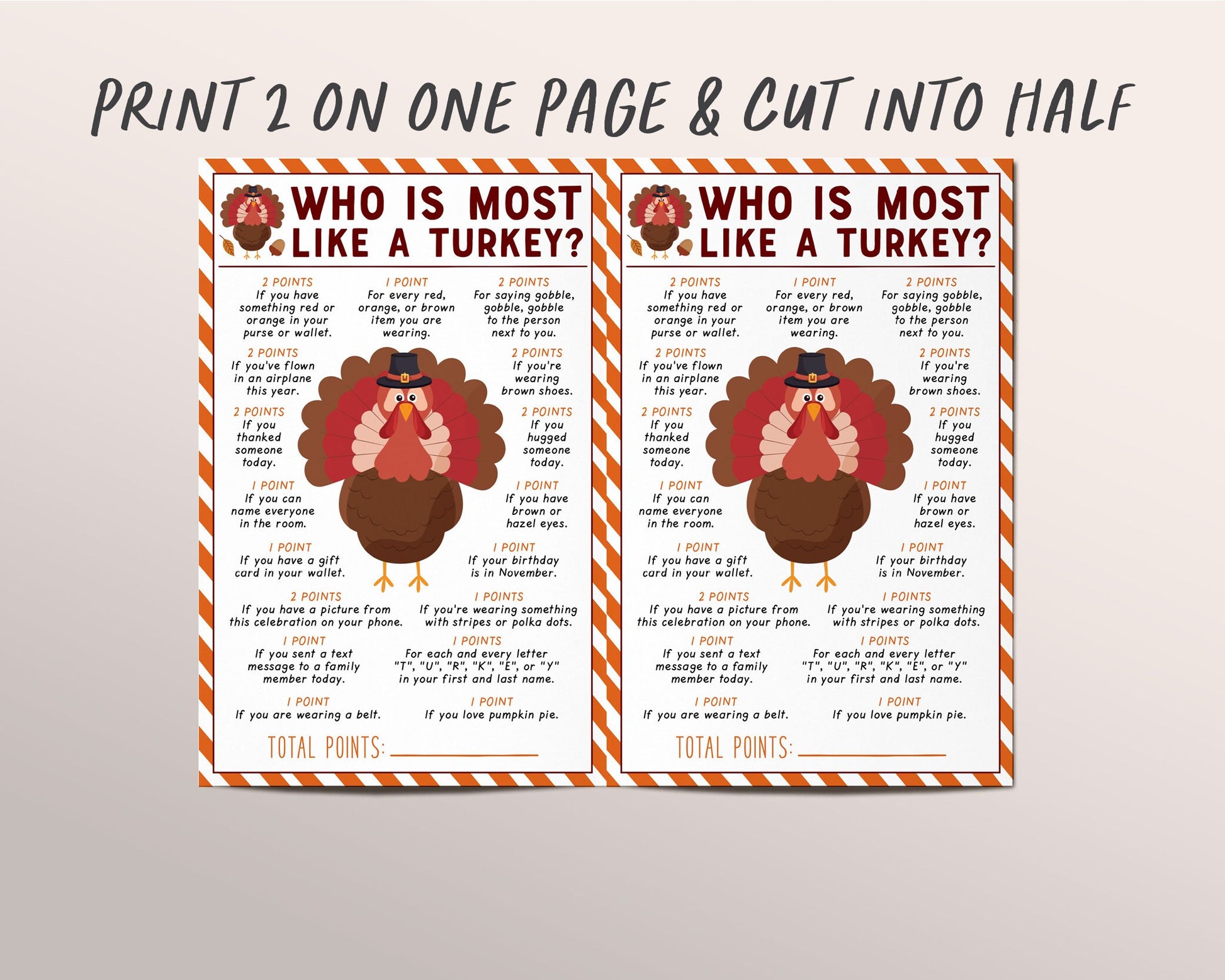 Thanksgiving Game Who Is Most Like The Turkey Printable, Fall Thanksgi