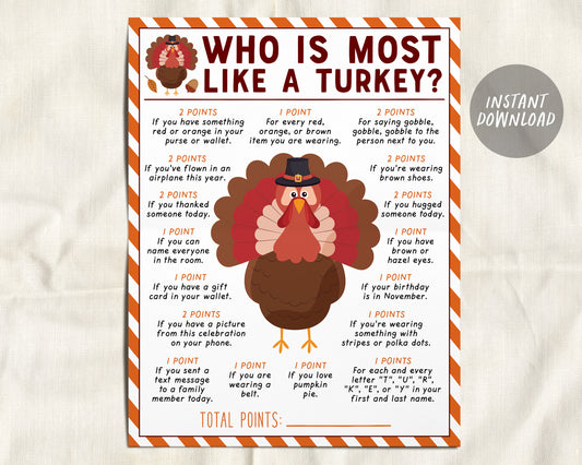 Thanksgiving Game Who Is Most Like The Turkey Printable, Fall Thanksgiving Office Party Icebreaker Group Game Activity For Kids And Adults