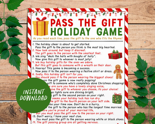 Pass the Gift Holiday Game Printable, Pass the Present Office Coworker Christmas Party Icebreaker Activity Game, Pass the Parcel Group Game