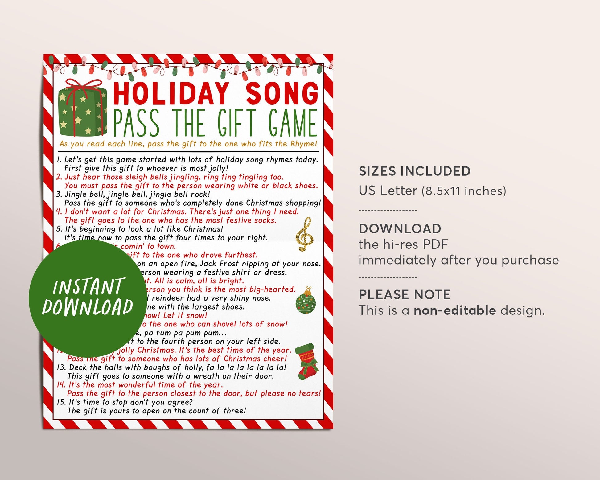 Pass the Gift Christmas Game Printable, Holiday Song Pass the Present