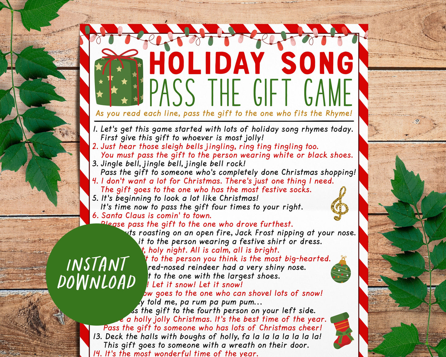 Pass the Gift Christmas Game Printable, Holiday Song Pass the Present Game Office Coworker Christmas Party Icebreaker Activity Gift Swap