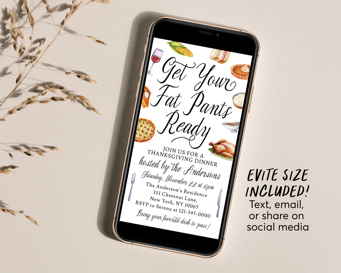 Get Your Fat Pants Ready Friendsgiving Invitation Editable Template, Funny Thanksgiving Potluck Dinner Party Invite, Fall Holiday Evite