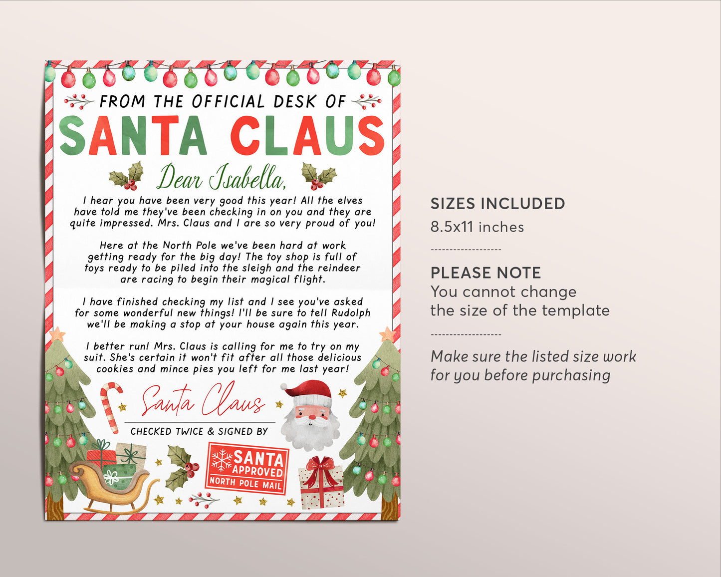 Santa Claus Letter Editable Template, Customized From The Official Desk Of Santa Claus, Christmas Eve North Pole Mail Nice List DIY Activity