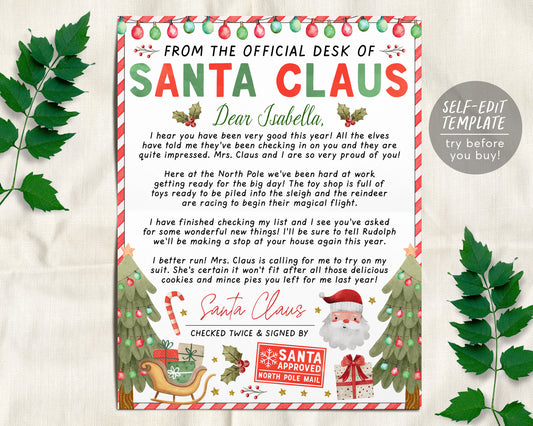 Santa Claus Letter Editable Template, Customized From The Official Desk Of Santa Claus, Christmas Eve North Pole Mail Nice List DIY Activity