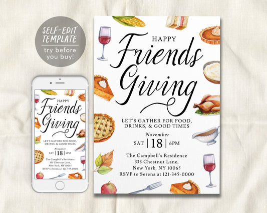 Happy Friendsgiving Invitation Editable Template, Thanksgiving Potluck Dinner Party Invite, Holiday Feast Pumpkin Pie, Autumn Brunch Lunch