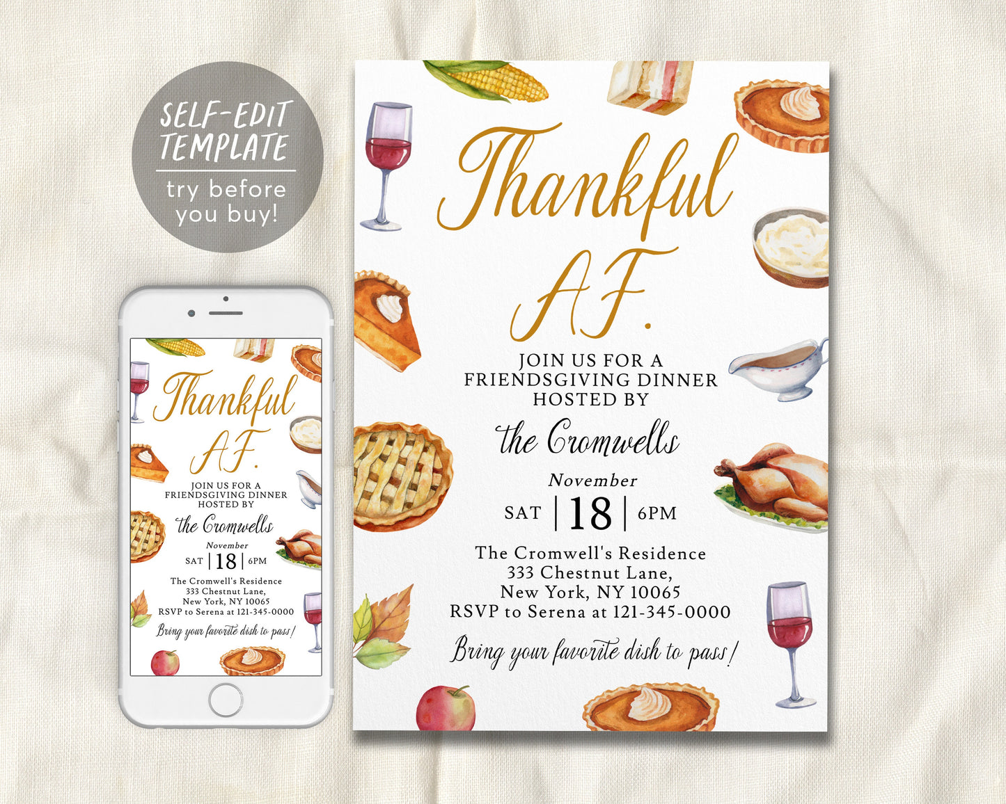 Friendsgiving Thankful AF Invitation Editable Template, Funny Thanksgiving Feast Potluck Dinner Party Invite, Fall Themed Holiday Turkey