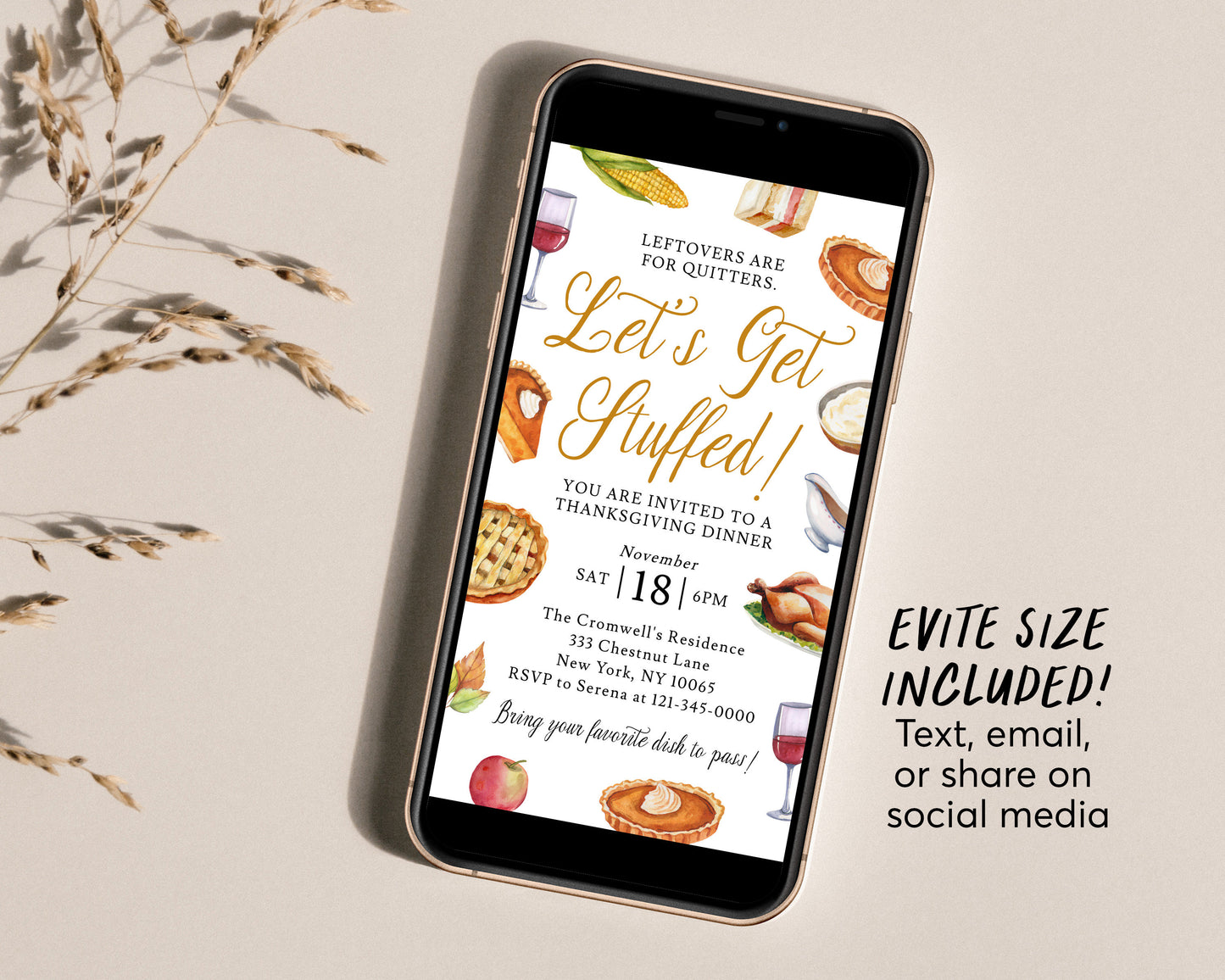 Let's Get Stuffed Thanksgiving Invitation Editable Template, Funny Friendsgiving Dinner Party Potluck Feast Invite, Evite Fall Holiday Pie