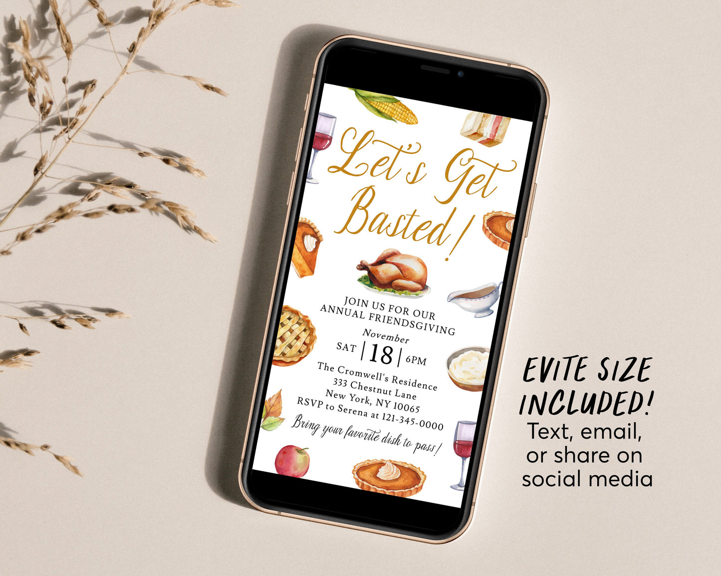 Let's get Basted Thanksgiving Invitation Editable Template, Funny Friendsgiving Dinner Party Potluck Feast Invite, Evite Fall Turkey Pie