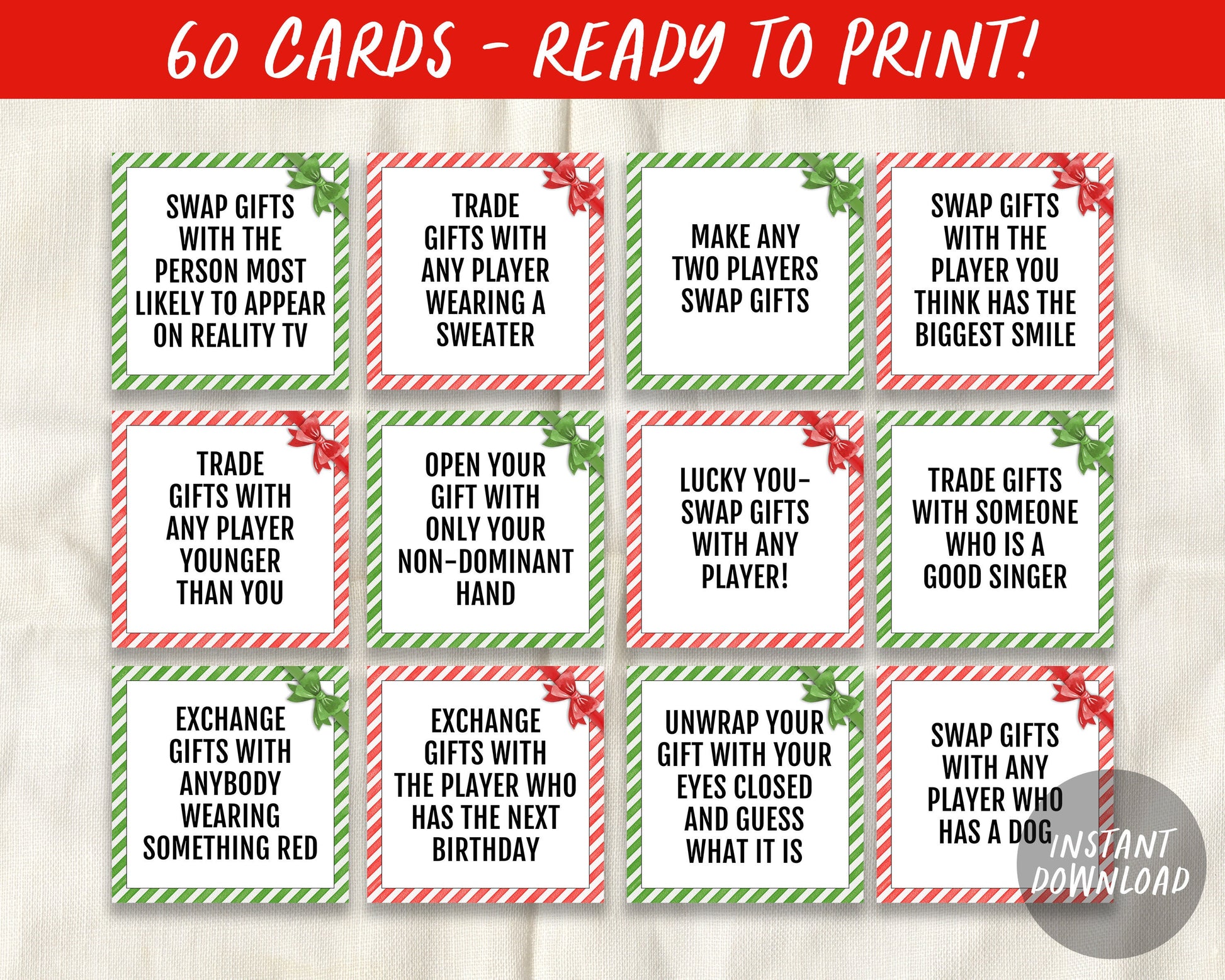 christmas gift exchange game printable, 3x3 mini cards, white elephant gift swap cards for christmas party family game, holiday present swap