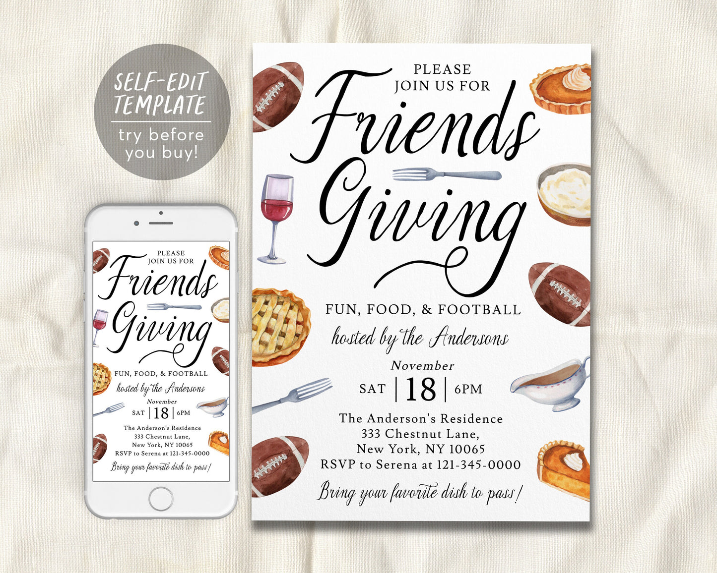 Casual Friendsgiving Football Invitation Editable Template, Fun Thanksgiving With Friends Dinner Party Sports Invite, Holiday Potluck Feast