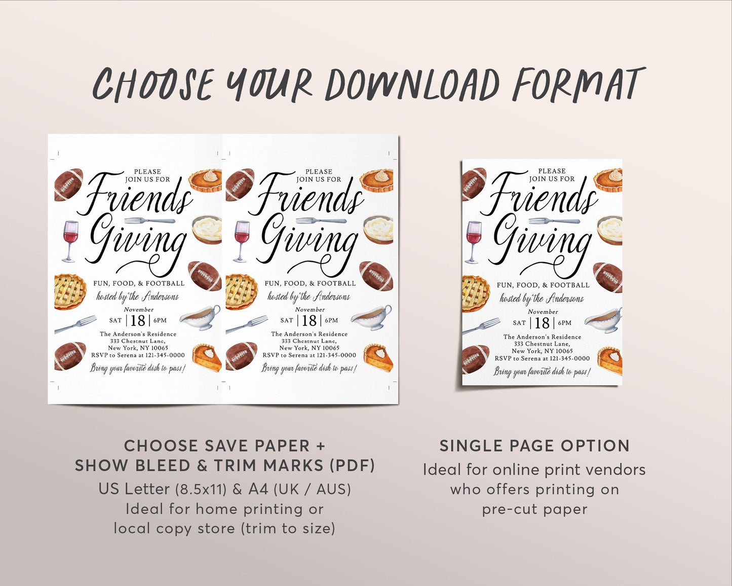 Casual Friendsgiving Football Invitation Editable Template, Fun Thanksgiving With Friends Dinner Party Sports Invite, Holiday Potluck Feast