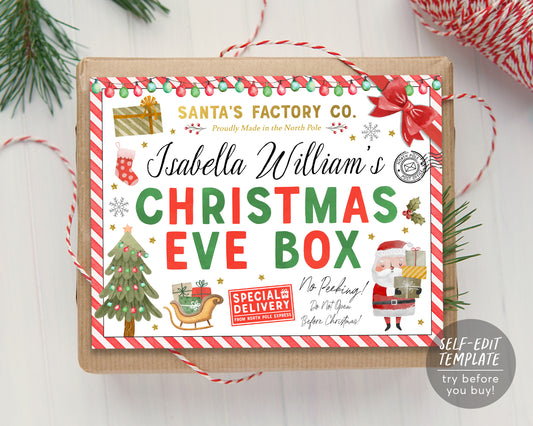 Christmas Eve Box Label Editable Template, Special Delivery Night Before Christmas Eve Tradition Printable North Pole Santa Gift Tag Sticker