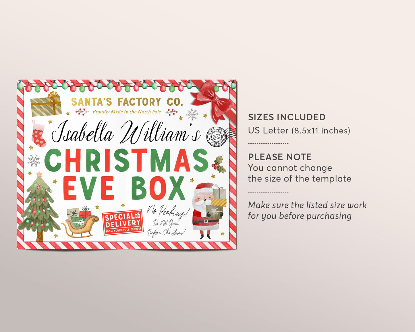 Christmas Eve Box Label Editable Template, Special Delivery Night Before Christmas Eve Tradition Printable North Pole Santa Gift Tag Sticker