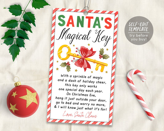 Santa's Magical Key Editable Template, Magic Key Tag No Chimney Christmas Eve Box Holiday Tradition Santa Key Tag Printable Instant Download