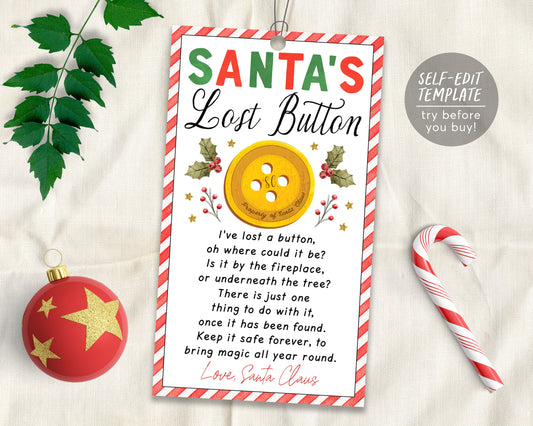 Santa's Lost Button Tag Editable Template, Christmas Lost Button Tag, Christmas Eve Tradition, Christmas Eve Box Tags Instant Download