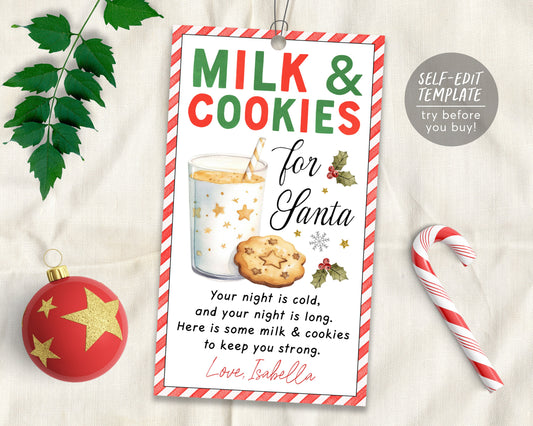 Milk And Cookies For Santa Tag Editable Template, Christmas Treats Santa Claus Milk And Cookies Tag Printable, Christmas Eve Traditions Box