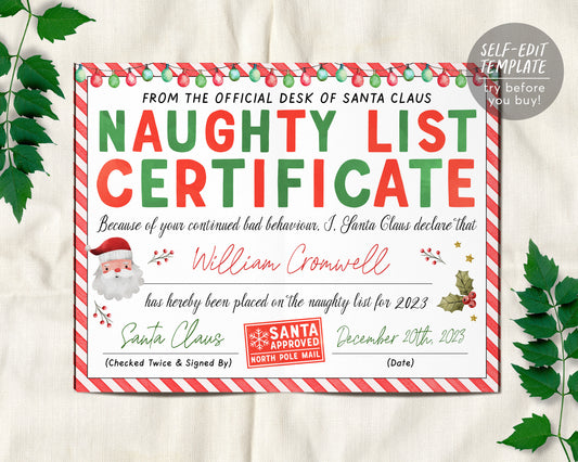 Santas Naughty List Certificate Editable Template, Warning Letter from Santa Claus, Santa Letter Certificate North Pole Christmas Printable