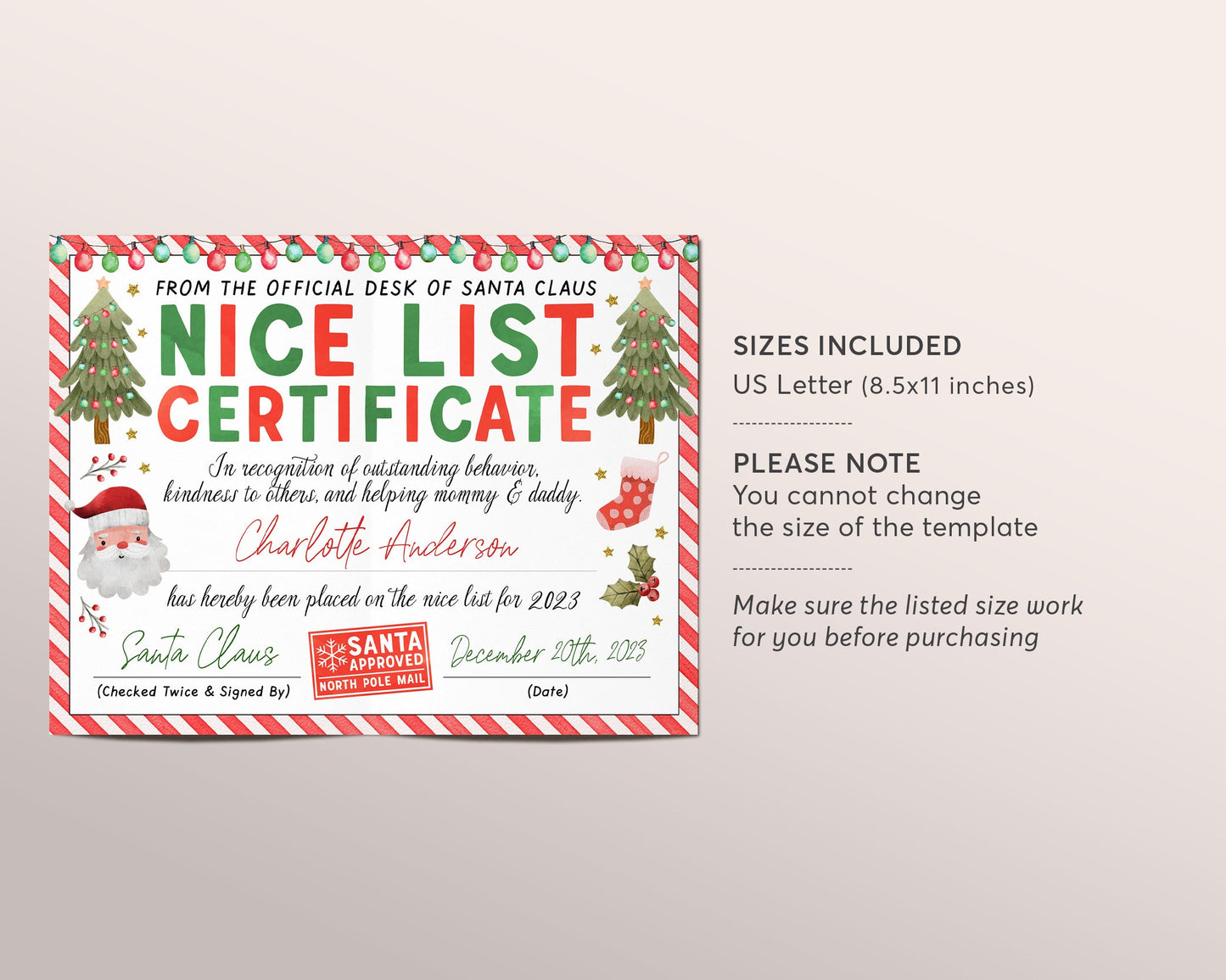 Santas Nice List Certificate Editable Template, Approved Letter from Santa, Customizable Santa Letter Certificate Approved Printable DIY