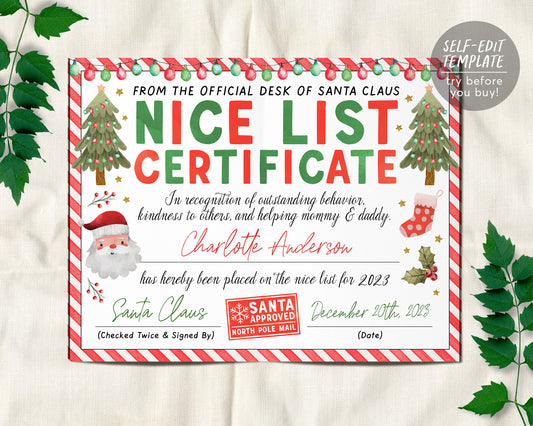 Santas Nice List Certificate Editable Template, Approved Letter from Santa, Customizable Santa Letter Certificate Approved Printable DIY