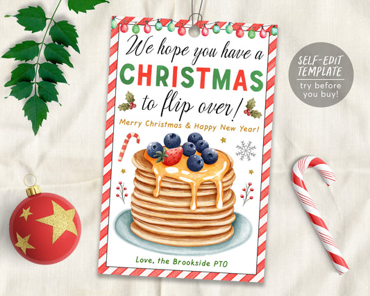 Pancake Christmas Gift Tag Editable Template, Hope You Have A Christmas To Flip Over Holiday Breakfast Favor Tags, Staff Appreciation DIY