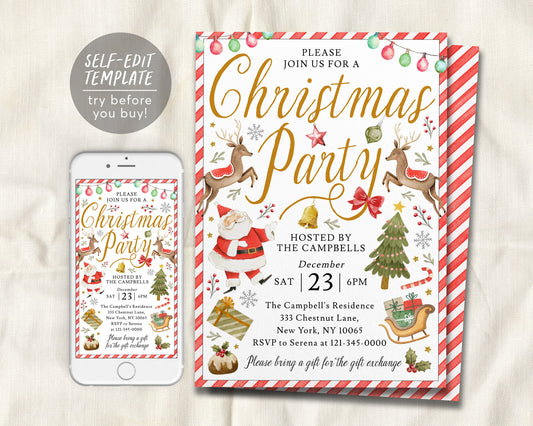 Christmas Party Invitation Editable Template, Holiday Party Santa Invite For Kids And Adults Invite Evite Printable, Festive Work Party DIY