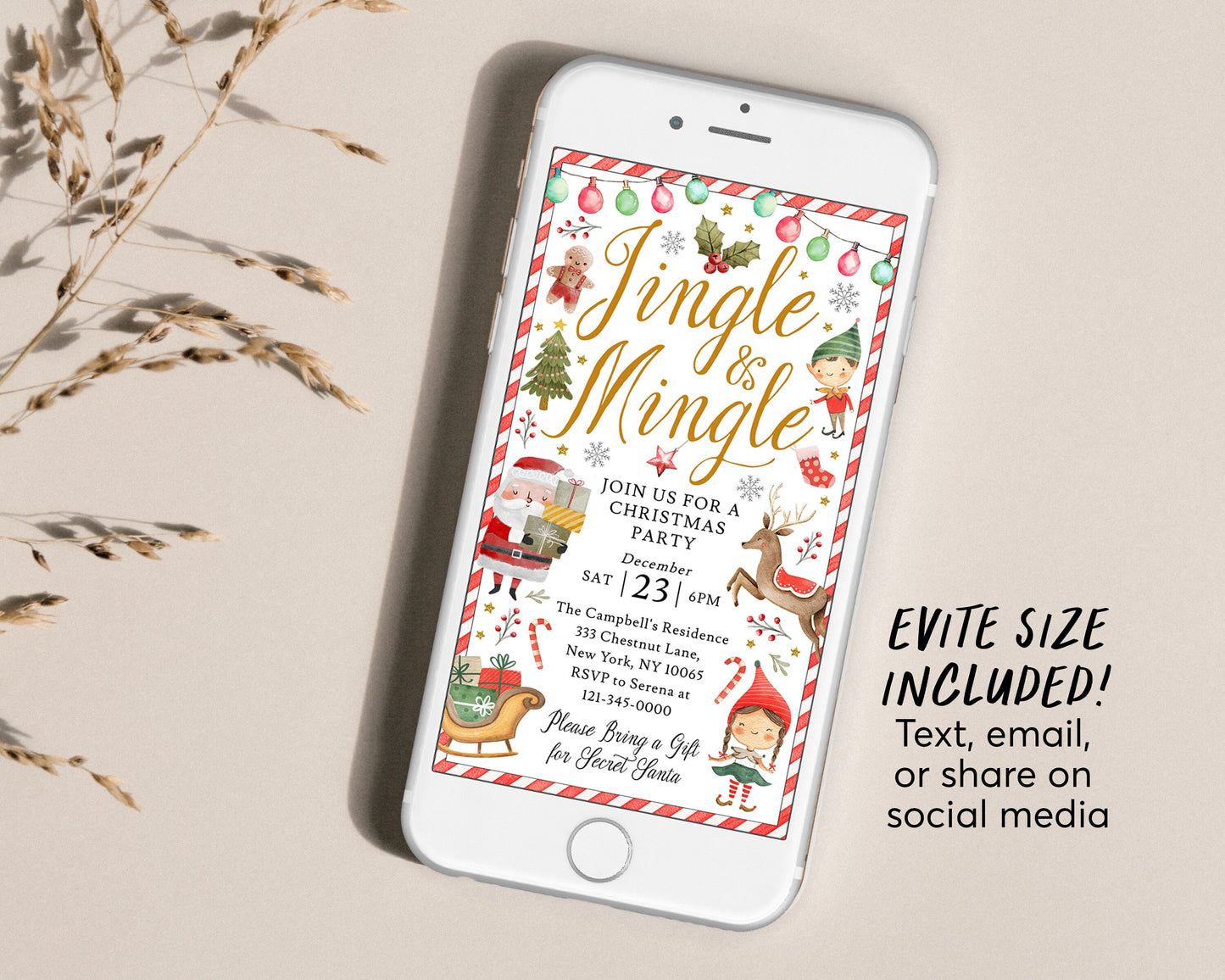 Christmas Party Invitation Editable Template, Jingle And Mingle Holiday Party Santa Kids Invite Evite Printable, Secret Santa Gift Exchange