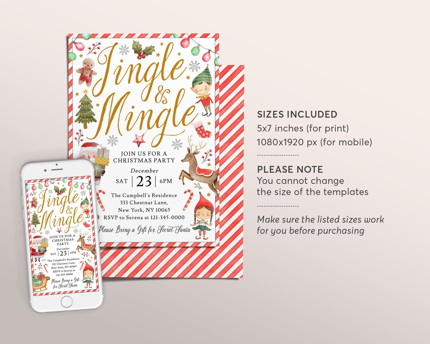 Christmas Party Invitation Editable Template, Jingle And Mingle Holiday Party Santa Kids Invite Evite Printable, Secret Santa Gift Exchange